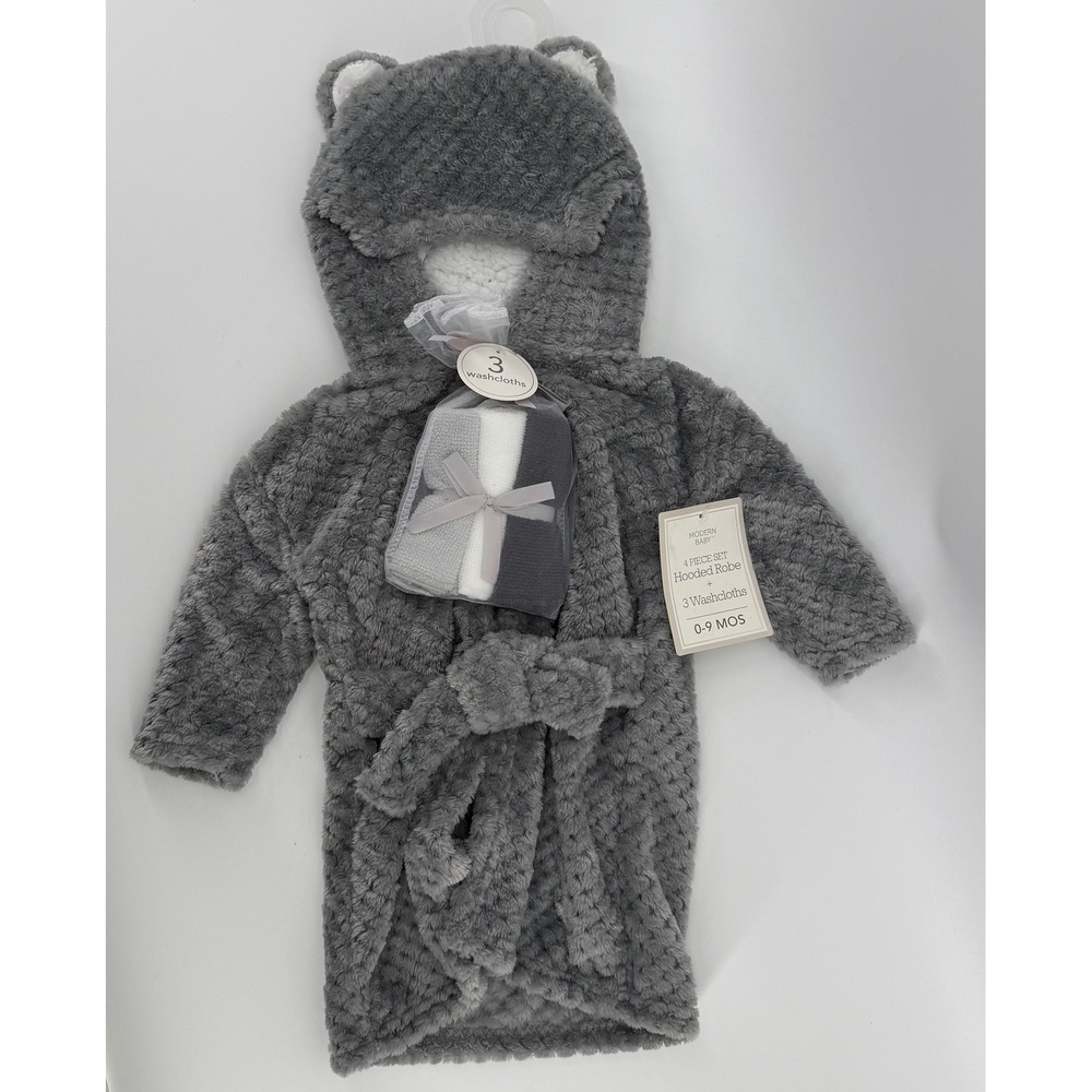 Modern Baby 4 Piece Set Grey Hooded Robe and 3 Washcloths 0-9 Months NEW